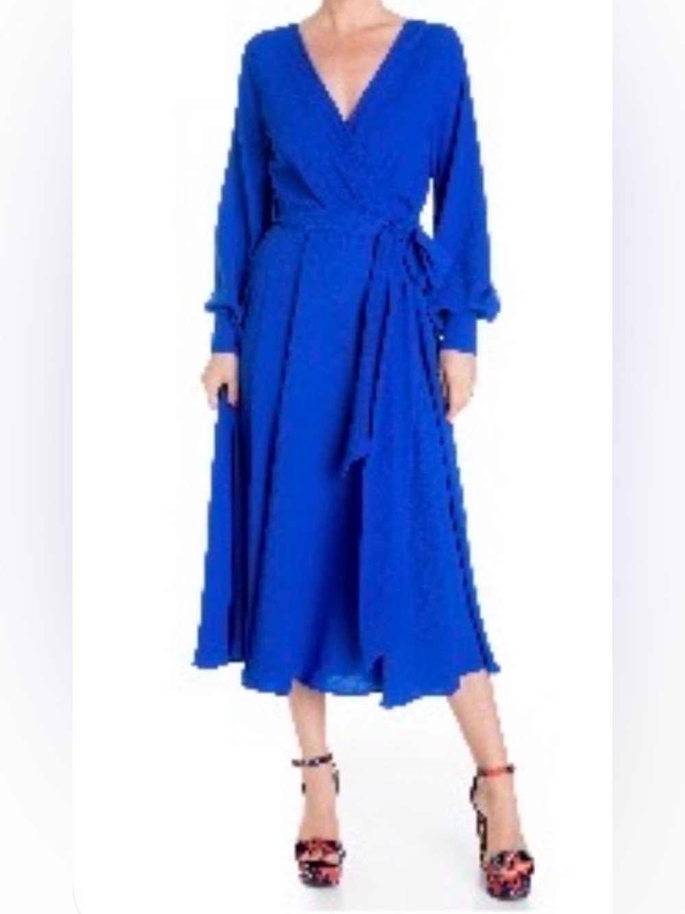 MEGHAN LA Lilypad Long Sleeve Surplice Midi Dress Blue Sz Small
